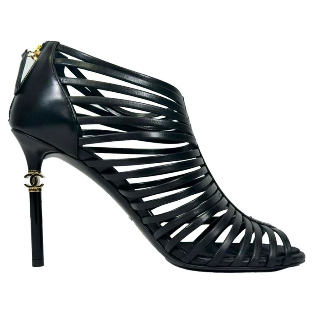 Chanel CC Caged Sandal Heels in Black Leather